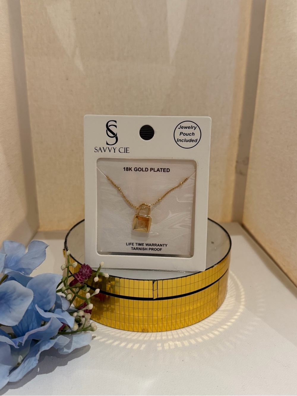 Savvy Cie Gold Padlock Initial “D” Necklace - 18k Gold Plated NEW